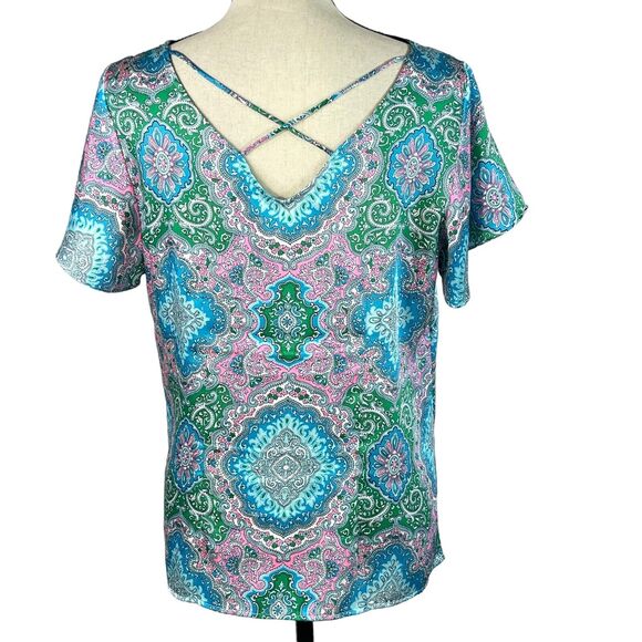 Talbots Petite Medium PM Top Geometric Flutter Sleeves Lightweight Scoop Neck - Picture 5 of 10